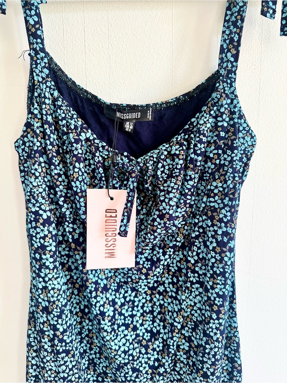 NWT Missguided Blue Floral Tie Strap Mini Dress Size 8